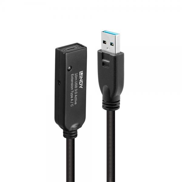 Lindy 43376 cavo USB USB 3.2 Gen 1 [3.1 Gen 1] 10 m USB A USB C 5 Gbit/s Nero (10m USB 3.0 Active Extension - Type A to C - Warranty: 24M)