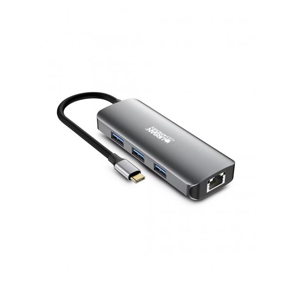 Urban Factory MHC55UF replicatore di porte e docking station per laptop Cablato USB 3.2 Gen 1 [3.1 Gen 1] Type-C Grigio (HUBEE 7 IN 1 : HUB USB-C WITH 3 - USB-A/2 HDMI 4K/1 RJ45 ET 1 USB-)