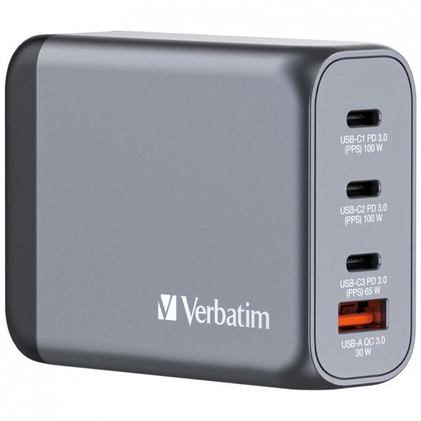 Verbatim GNC-100 Universale Nero, Grigio AC Ricarica rapida Interno (Verbatim GNC-100 GaN Charger 4 100W USB)