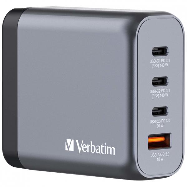 Verbatim GNC-140 Universale Nero, Grigio AC Ricarica rapida Interno (Verbatim GNC-140 GaN Charger 4 140W USB)
