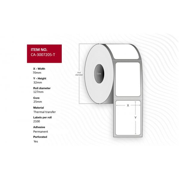 Capture CA-3007205-T etichetta per stampante Bianco (Label 70 x 32mm, Core 25mm, - Thermal Transfer, Coated, - Permanent, Perforated, 2100 labels per roll, 4 rolls per box - Warranty: 12M)