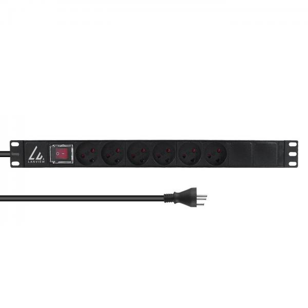 Lanview LVR-3MDK-SW-DK6 non classificato (19 rack mount power strip, - ON/OFF Switch , 1U, 13A with - 6 x danish type K socket and 3m cable with type K plug - Warranty: 60M)