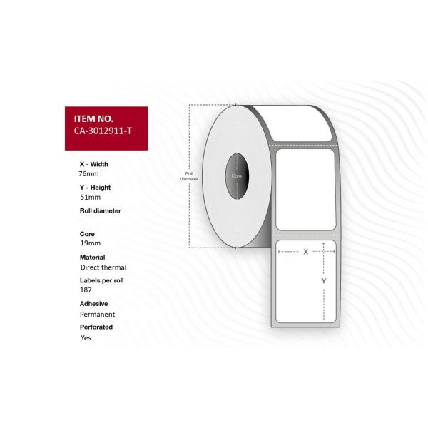 Capture CA-3012911-T etichetta per stampante Bianco (Label 76 x 51mm, Core 19mm, - Direct thermal, permanent - acrylic adhesive, Uncoated, Perforation, Outside roll diameter 51mm, 187 labels - Warran