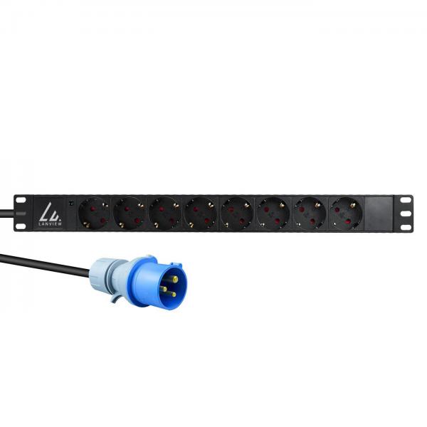 Lanview LVR-3MIEC-LIC-SCH8 unità di distribuzione dell'energia [PDU] 8 presa[e] AC 1U Nero (19 rack mount power strip, - 1U, 16A with 8 x Schuko type - F socket and 3m power cord and IEC 16A plug - W