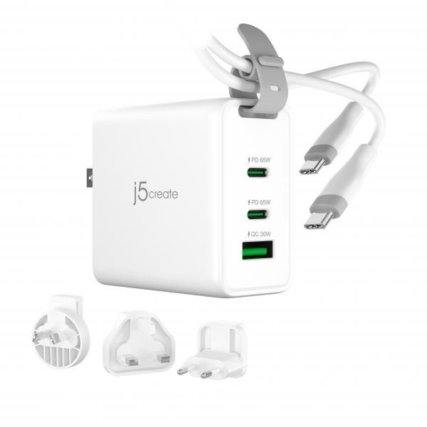 j5create Caricatore da viaggio a 3 porte USB-C GaN da 65 W con spine CA intercambiabili e cavo USB-C (J5CREATE 65W GAN USB-C 3-PORT TRAVELER)