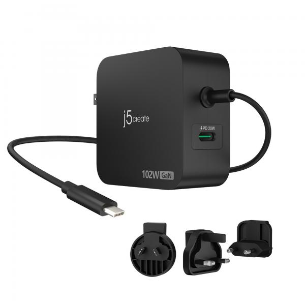 j5create Caricatore GaN PD USB-C a 2 porte da 102 W con spine CA intercambiabili (J5CREATE 102W GAN PD USB-C 2-PT CHARGER)