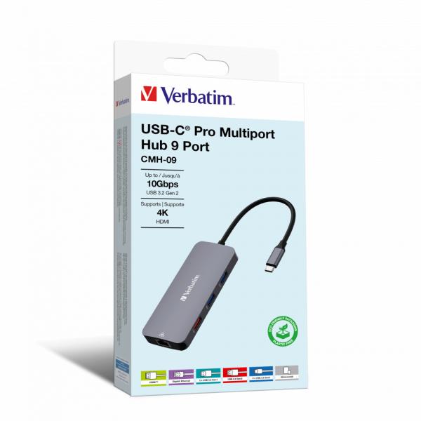 Verbatim CMH-09 USB tipo-C 10000 Mbit/s Argento (VERBATIM USB-C PRO MULTIPORT HUB 9 PORT CMH-09)