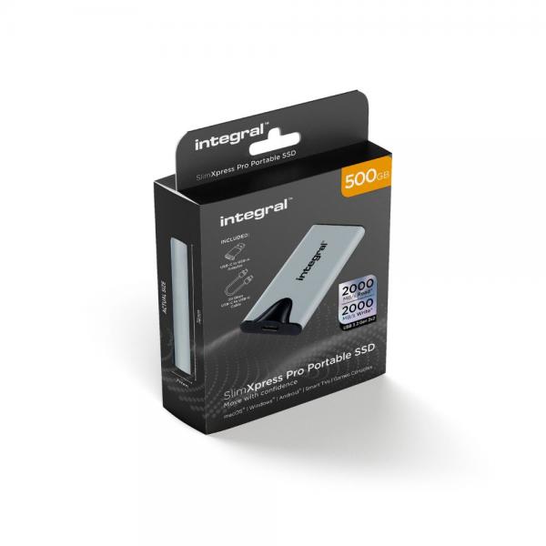 Integral SlimXpress Pro INSSD500GPORT3.2SLIMXS unità esterna a stato solido Tecnologia Thunderbolt 500 GB USB tipo-C USB 3.2 Gen 2x2 Argento (500GB PORTABLE EXTERNAL SSD USB-C 3.2 GEN.2X2 SLIMXPRESS