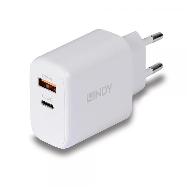 Lindy 73428 Caricabatterie per dispositivi mobili Universale Bianco AC Ricarica rapida Interno (65W USB TYP A C GAN CHARGER - MULTIPORT-LADEGERT)