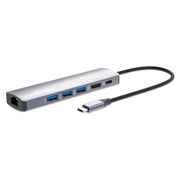 Manhattan 153959 replicatore di porte e docking station per laptop Cablato USB 3.2 Gen 1 [3.1 Gen 1] Type-C Argento (USB-C DOCK/HUB 6-PORT- - ENET/HDMI/USB-A[X3]/USB-C/PD100)