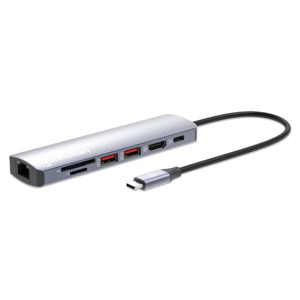 Manhattan 153966 replicatore di porte e docking station per laptop Cablato USB 3.2 Gen 2 [3.1 Gen 2] Type-C Argento (USB-C DOCK/HUB/READER 5-PORT- - ENET/HDMI/USB-A[X2]/USB-C/PD100)