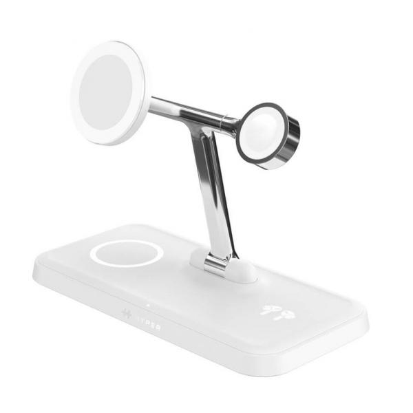 HYPER HJ3004WHGL Caricabatterie per dispositivi mobili Cuffie, Smartphone, Orologio intelligente Argento, Bianco dC, USB Carica wireless Ricarica rapida Interno (HYPERJUICE 4 IN 1 CHARGE STAND WHITE)