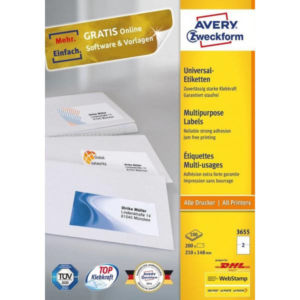 Avery 3655 etichetta autoadesiva Rettangolo Permanente Bianco 200 pz (Avery - etiketter til flere form?l - 2)