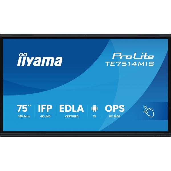 iiyama PROLITE TE7514MIS-B2AG Design chiosco 190,5 cm [75] LCD Wi-Fi 435 cd/m² 4K Ultra HD Nero Touch screen Processore integrato Android 24/7 (iiyama PROLITE TE7514MIS-B2AG Digital signage flat pane