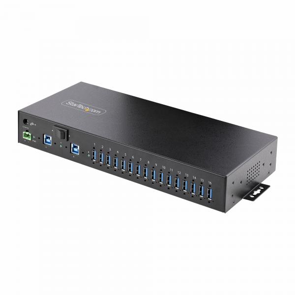 StarTech.com Hub USB Industriale 5Gbps a 16 porte con adattatore di alimentazione, enclosure in metallo, montabile, protezione ESD, alimentazione a morsettiera, ricarica USB, Switch per duplice host