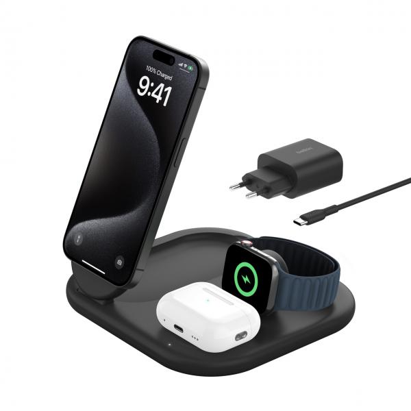 Belkin BoostCharge Cuffie, Smartphone, Orologio intelligente Nero USB Carica wireless Ricarica rapida Interno (Belkin BoostCharge 3-in-1 Charging Stand black)