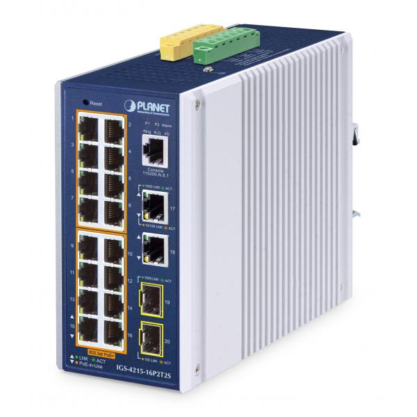 PLANET IP30 Industrial L2/L4 16-Port Gestito L2/L4 Gigabit Ethernet [10/100/1000] Supporto Power over Ethernet [PoE] Alluminio, Blu (IP30 Industrial L2/L4 16-Port - 10/100/1000T 802.3at PoE + - 2-Por