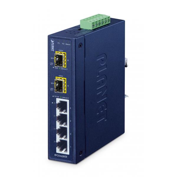 PLANET IFGS-620TF switch di rete Non gestito Fast Ethernet [10/100] Blu (Industrial 4-Port - 10/100BASE-TX + 2-Port - 1000BASE-X SFP Ring Ethernet Switch [-40 to 75 degree C, dual 9~48V DC/24V AC, -