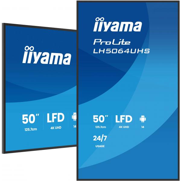 iiyama LH5064UHS-B1AG visualizzatore di messaggi Pannello piatto per segnaletica digitale 127 cm [50] Wi-Fi 500 cd/m² 4K Ultra HD Nero Processore integrato Android 24/7 (iiyama ProLite LH5064UHS-B1AG