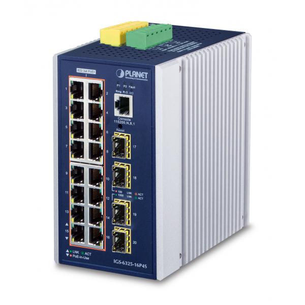 PLANET IGS-6325-16P4S switch di rete Gestito L3 Gigabit Ethernet [10/100/1000] Supporto Power over Ethernet [PoE] Alluminio, Blu (IP30 DIN-rail Ind. L3 16 Port - 10/100/1000T 802.3at PoE - 4-port 100