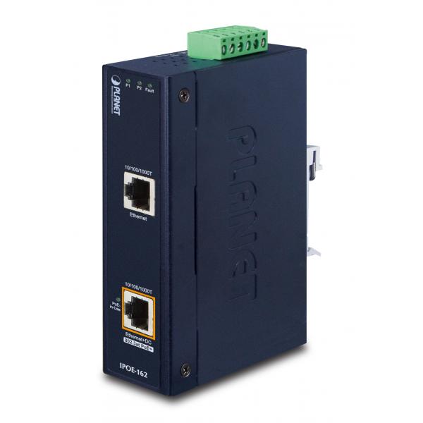 PLANET IPOE-162 switch di rete Gigabit Ethernet [10/100/1000] Supporto Power over Ethernet [PoE] Nero (IP30, Industrial 802.3at - [30W] High Power PoE Injector - [-40 to 75 C, 12V~48V DC power boost]