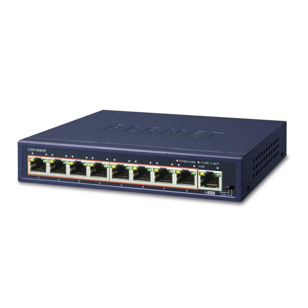 PLANET GSD-908HP switch di rete Non gestito Gigabit Ethernet [10/100/1000] Supporto Power over Ethernet [PoE] Blu (8-Port 10/100/1000 Gigabit - 802.3at POE Ethernet Switch - plus 1-Port Gigabit Ether