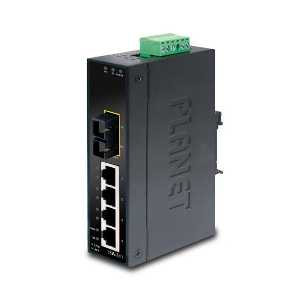 PLANET ISW-511 switch di rete Non gestito L2 Fast Ethernet [10/100] Nero (IP30 Slim Type 4-P Industrial - Ethernet Switch + 1-Port - 100Base-FX[SC] [-10 - 60 C] - Warranty: 60M)