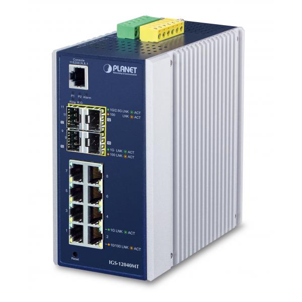 PLANET IGS-12040MT switch di rete Gestito L2+ Gigabit Ethernet [10/100/1000] Blu, Bianco (IP30 Industrial 8* 1000TP - 4 100/1000F SFP Full Managed - Ethernet Switch [-40 to 75 degree C, 2*DI, 2*DO, 1