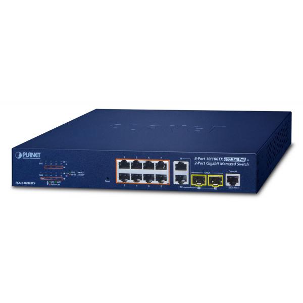 PLANET FGSD-1008HPS switch di rete Gestito Fast Ethernet [10/100] Supporto Power over Ethernet [PoE] Blu (8-Port 10/100TX 802.3at High - Power POE + 2-Port Gigabit - TP/SFP Combo Managed Ethernet Swi