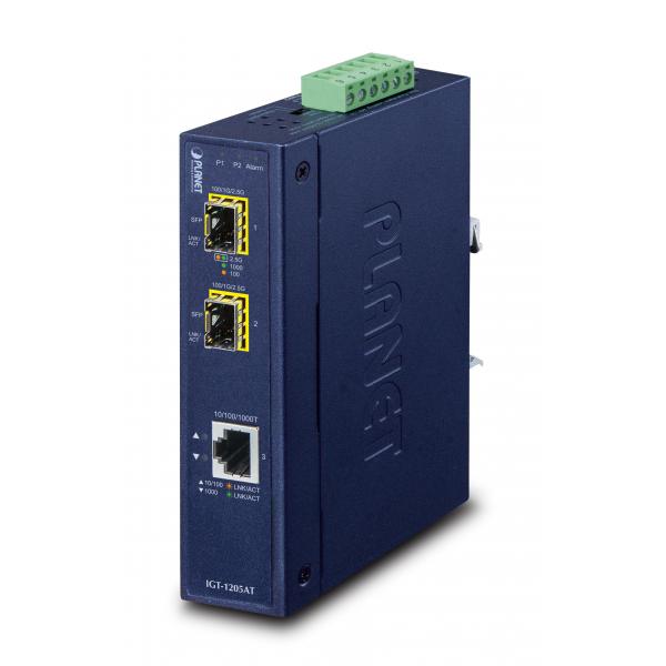 PLANET IGT-1205AT convertitore multimediale di rete 1000 Mbit/s Blu (IP30 Industrial 10/100/1000T - to 2-P 100/1000X SFP Gigabit - Media Converter [-40 to 75 degree C] - Warranty: 60M)