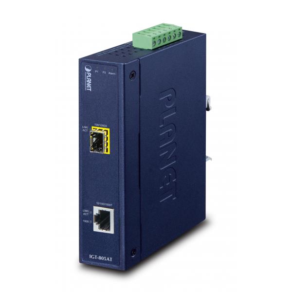 PLANET IGT-805AT convertitore multimediale di rete 1000 Mbit/s Blu (IP30 Industrial 10/100/1000T - to 100/1000X SFP Gigabit - Media Converter [-40 to 75 degree C] - Warranty: 60M)