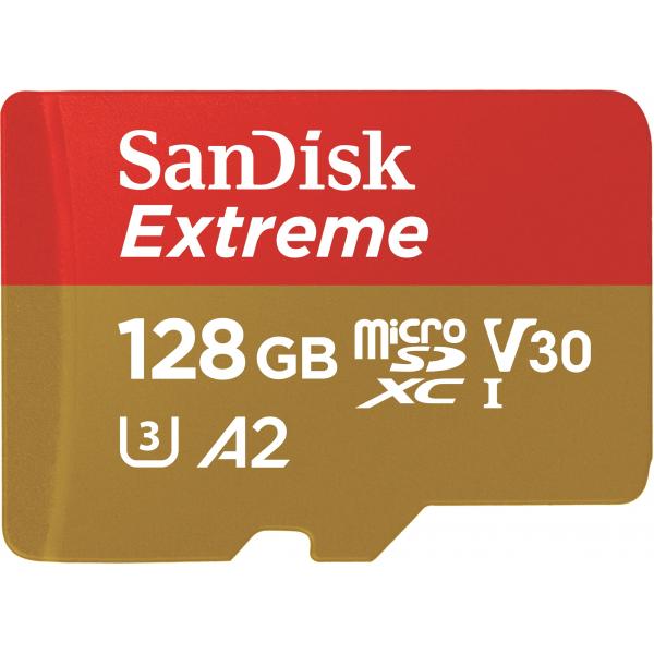 SanDisk Extreme 128 GB MicroSDXC (SanDisk Extreme - Flash memory card [microSDXC to SD adapter included] - 128 GB - A2 / Video Class V30 / UHS-I U3 / Class10 - microSDXC UHS-I)