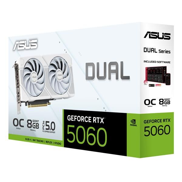 ASUS Dual -RTX5060-O8G-WHITE NVIDIA GeForce RTX 5060 8 GB GDDR7 (ASUS Dual - Graphics card - GeForce RTX 5060 - 8 GB GDDR7 - PCI Express 5.0 - 3 x DisplayPort, HDMI - white)