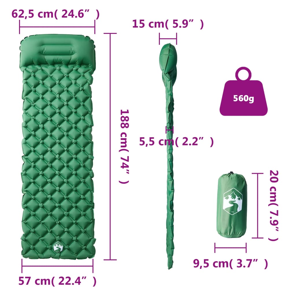 Materasso Campeggio Gonfiabile Con Cuscino 1 Persona Verde - Image 5