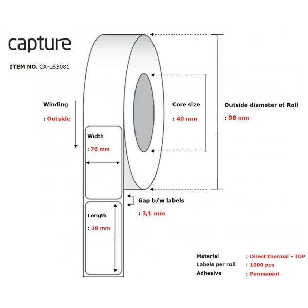 Capture CA-Lb3081 Etichetta Per Stampante Bianco (label 76x38, Core 40, - Diameter 98 Mm. Thermal - Print. Top Coated. Permanent. 1000 Labels Per Rol