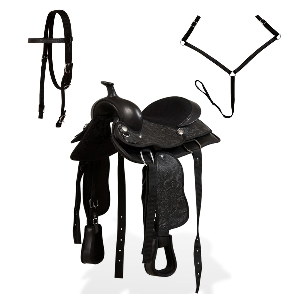 Sella Western Testiera E Pettorale In Vera Pelle 12" Nero