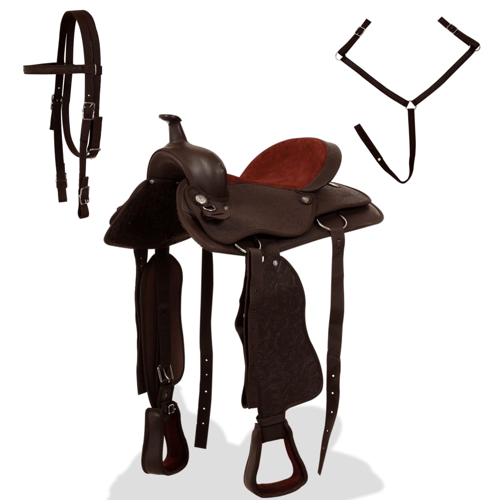 Sella Western Testiera E Pettorale In Vera Pelle 16" Marrone