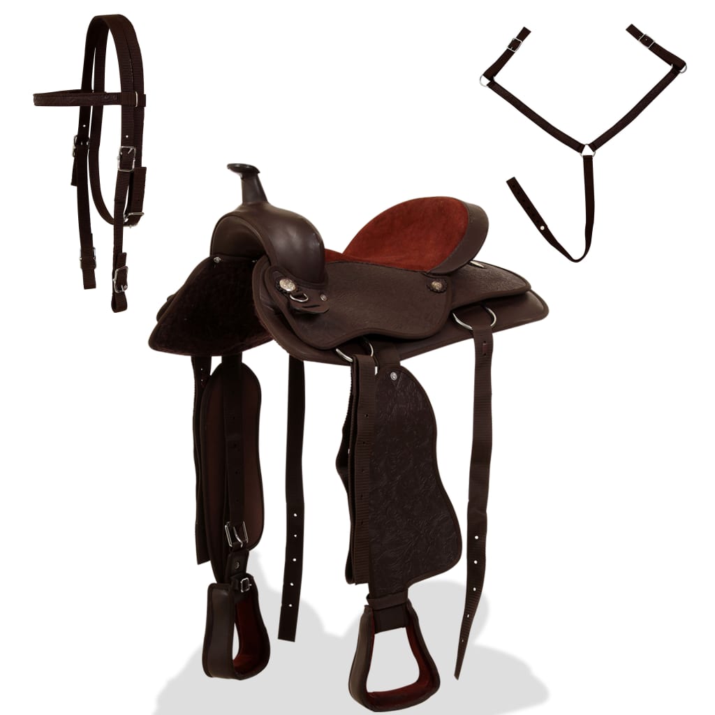 Sella Western Testiera E Pettorale In Vera Pelle 15" Marrone