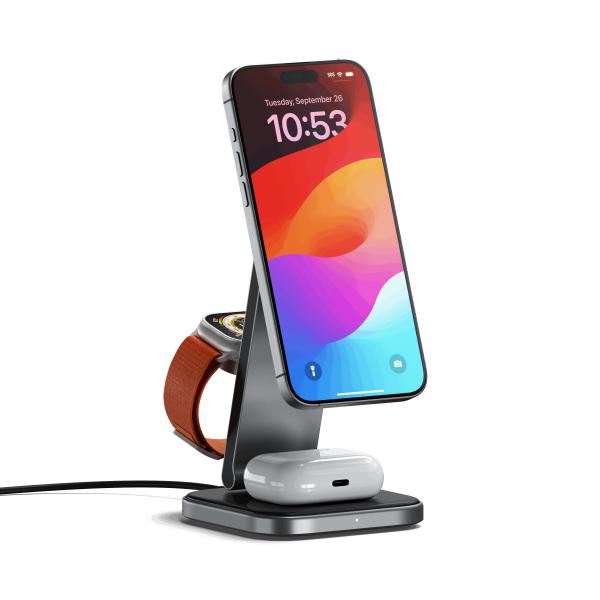 Satechi ST-Q31FM-EA Caricabatterie per dispositivi mobili Cuffie, Smartphone, Orologio intelligente Grigio, Nero USB Carica wireless Interno (Satechi 3-in-1 Charging Stand [SpcGry])