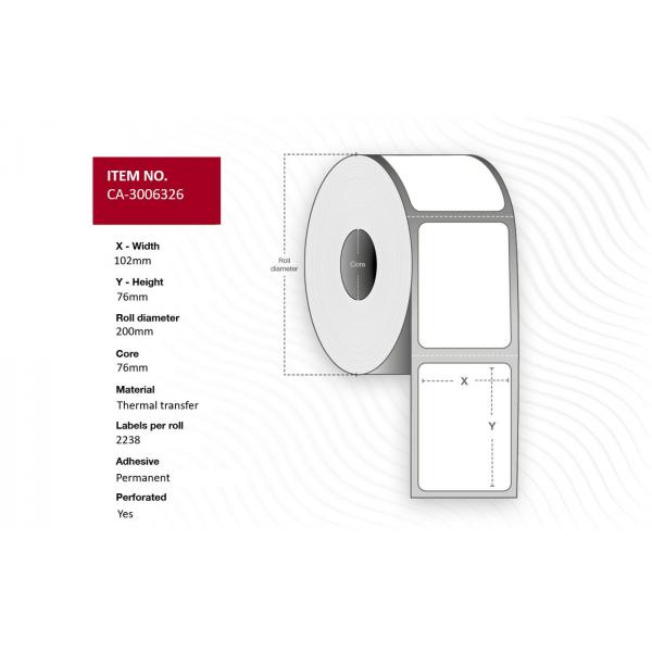 Capture CA-3006326 Etichetta Per Stampante (label 102 X 76mm, Core 76mm, - Thermal Transfer, Coated, - Permanent, Perforated, 2238 Labels Per Roll, 4
