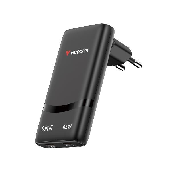 Verbatim Fold 'n' Go - Netzteil - Gan - 65 Watt - 3.25 A - Power Delivery 3.0 + Pps - 2 Ausgabeanschlussstellen (usB-c)