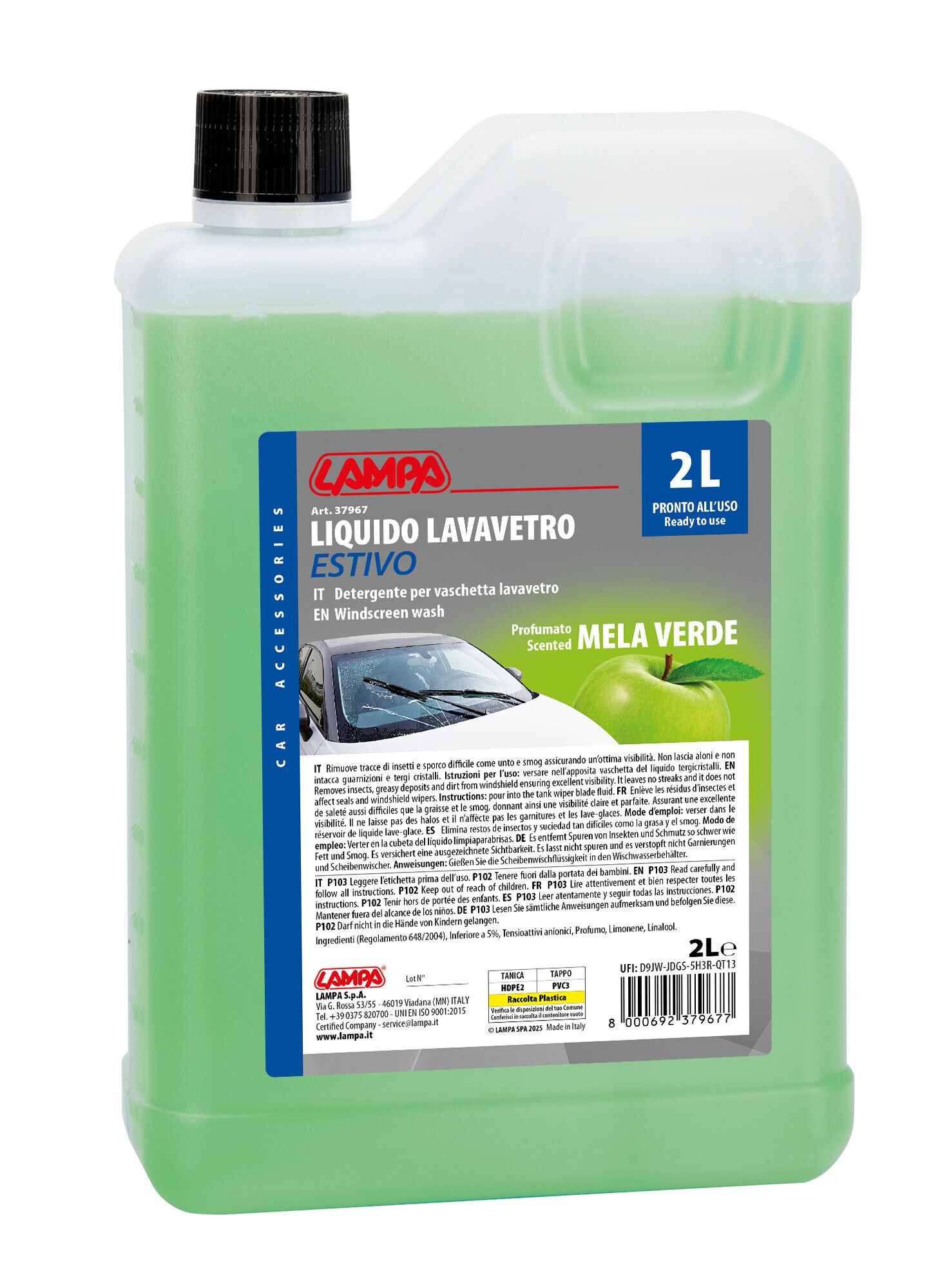 Liquido lavavetro estivo profumato, pronto all'uso - Mela Verde - 2000 ml
