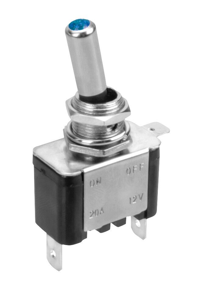 Interruttore a leva, in alluminio con spia a Led - 12/24V - Blu - 20A