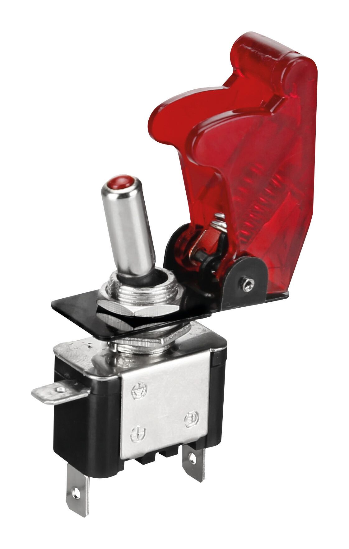 Interruttore a leva con sicura, in alluminio con spia a Led - 12/24V - Rosso - 20A