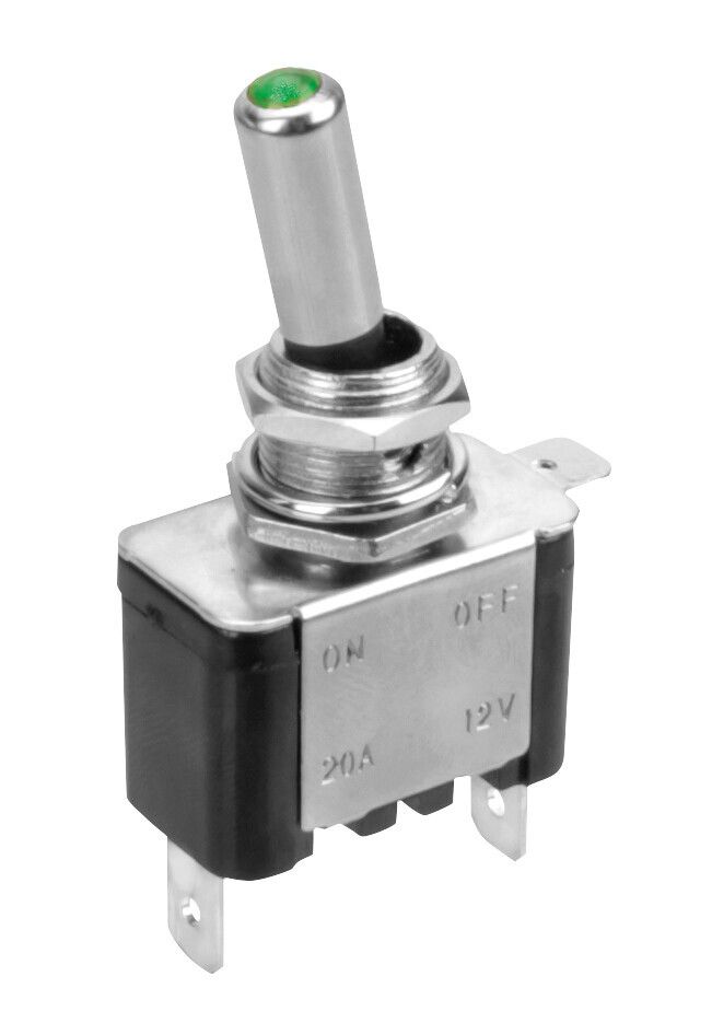 Interruttore a leva, in alluminio con spia a Led - 12/24V - Verde - 20A