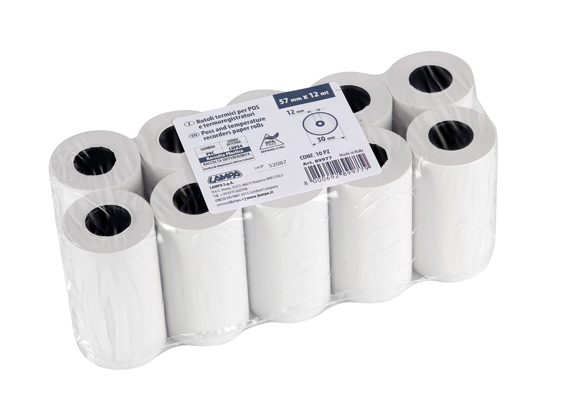 Rotoli carta termica per termoregistratori frigoriferi, 10 pz - 55 g/m² - 57 mm x 12 m