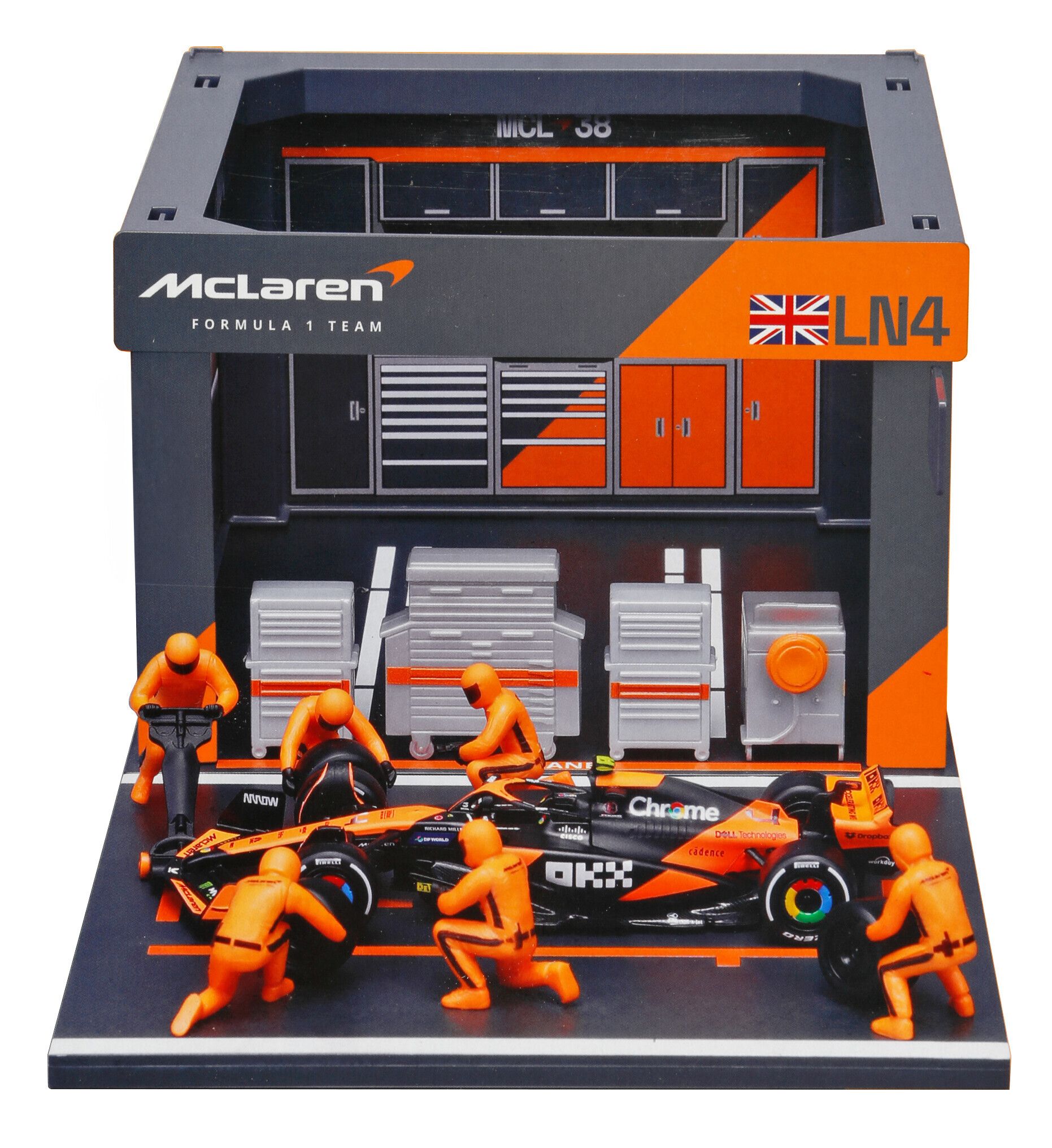 Pit Stop Mclaren MCL38 Norris, Burago, scala 1:43