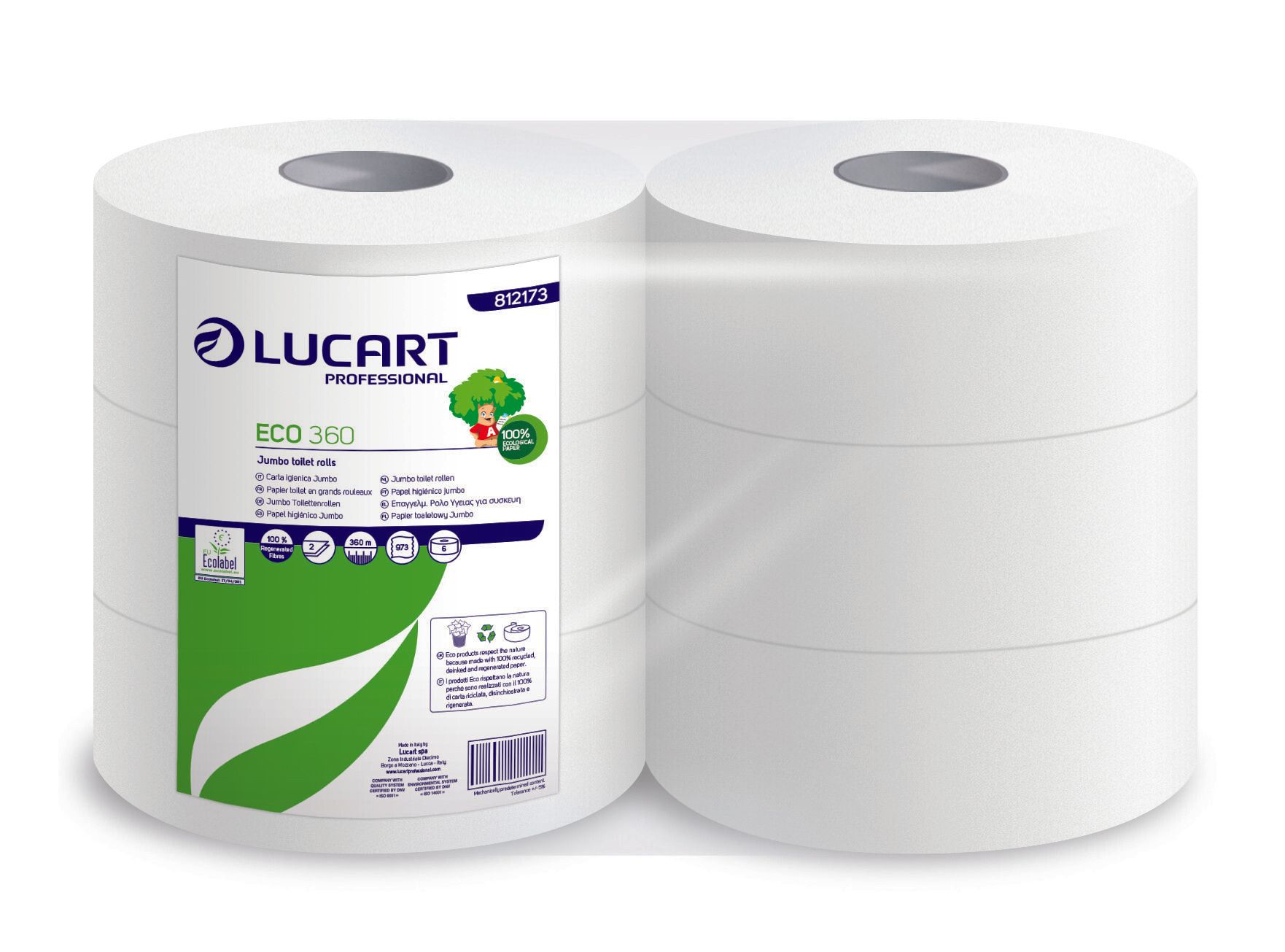 Carta igienica Lucart Eco 360 Jumbo - 2 veli, 973 strappi - Conf. 6 rotoli