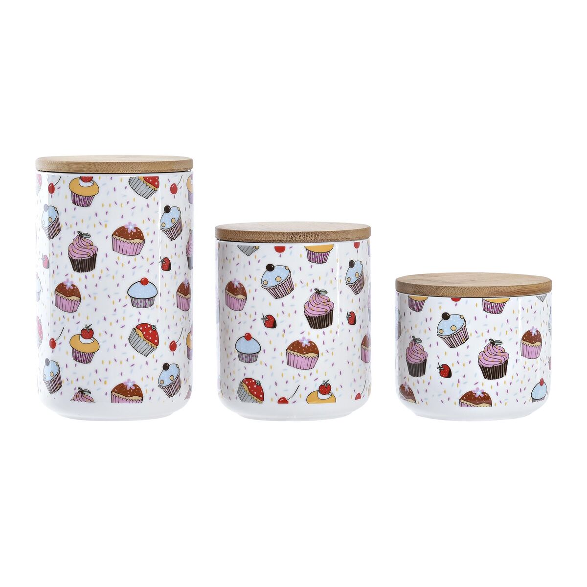 Set Di 3 Barattoli Dkd Home Decor Naturale Bianco Multicolore Bambù Gres 10 X 10 X 17 Cm Cupcake