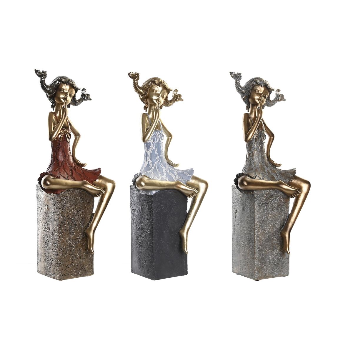 Statua Decorativa Dkd Home Decor 16 X 12 X 37 Cm Donna Rosso Grigio Azzurro (3 Unità)